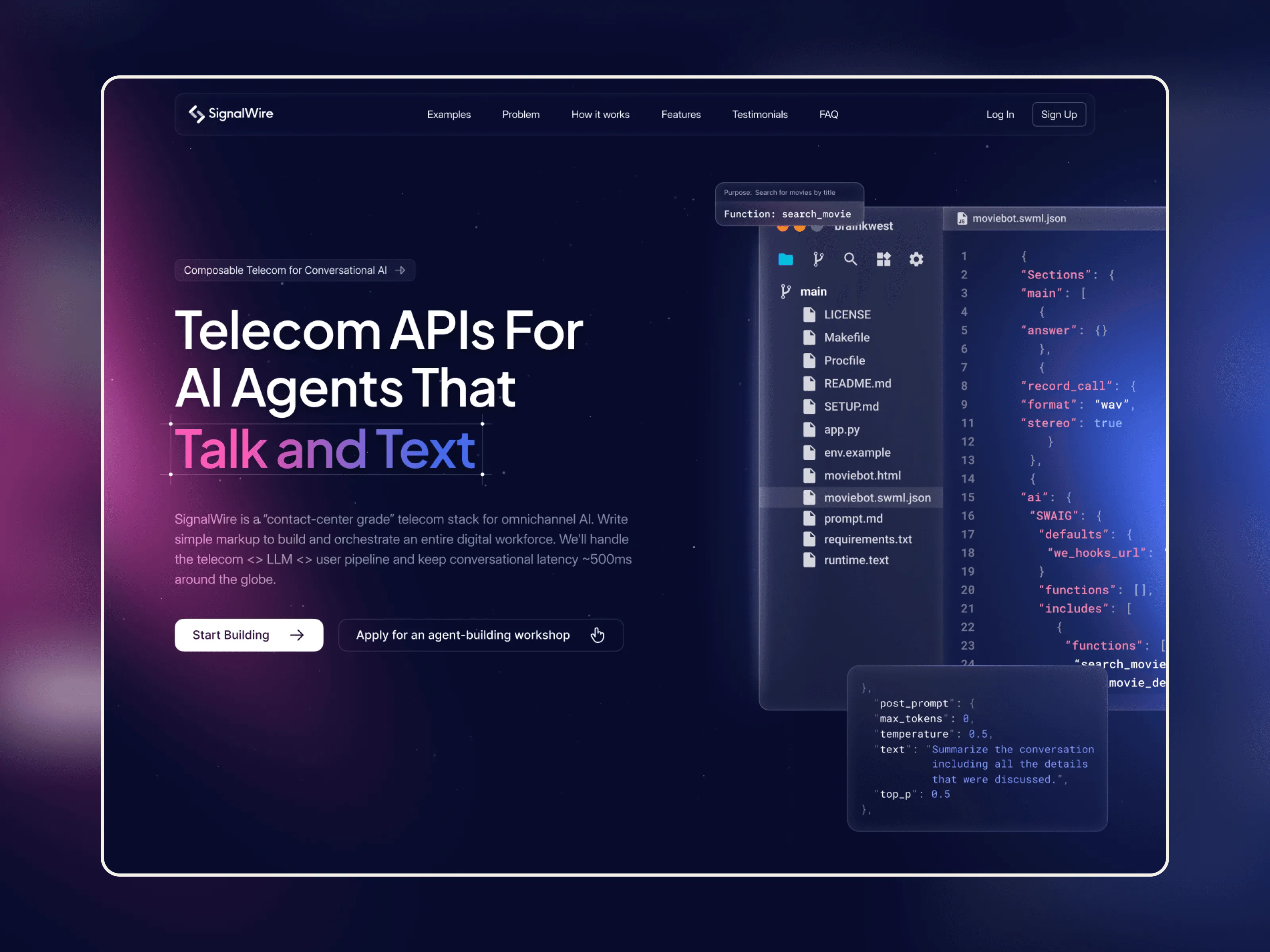 Website design for a developer tool, shown in a code editor