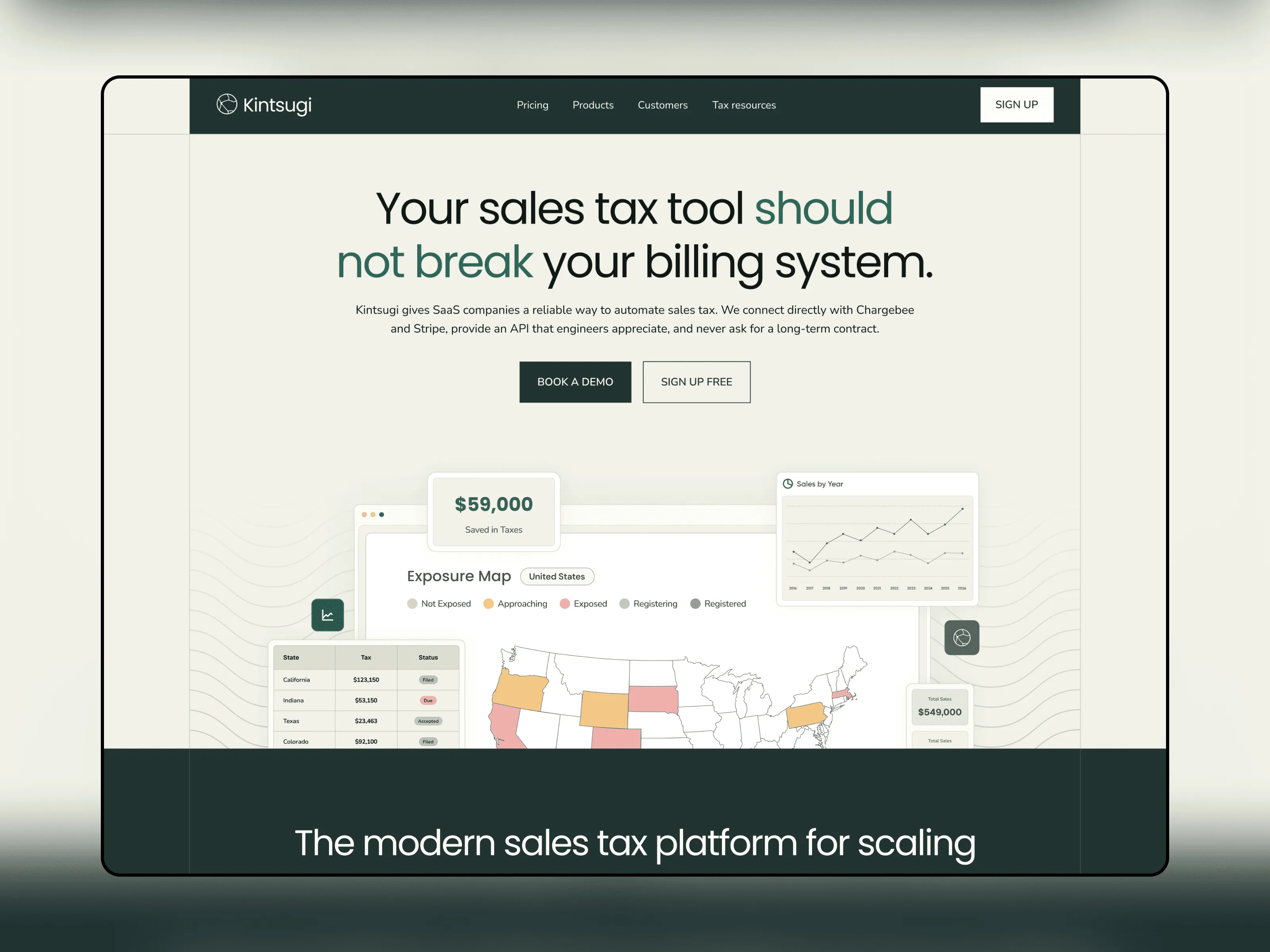 Kintsugi homepage: Your sales tax tool should not break your billing system